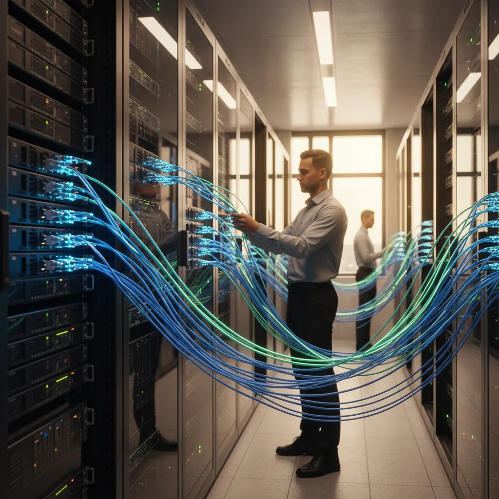 Fiber optic network equipment in a modern office building telecom room